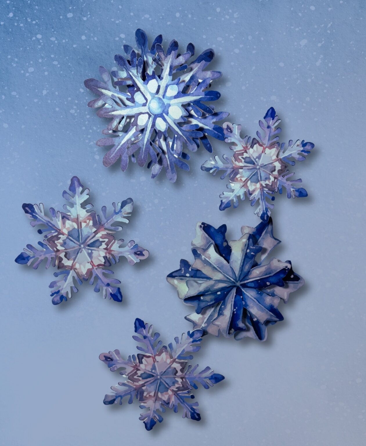 Layered Snowflake in Blue Watercolor