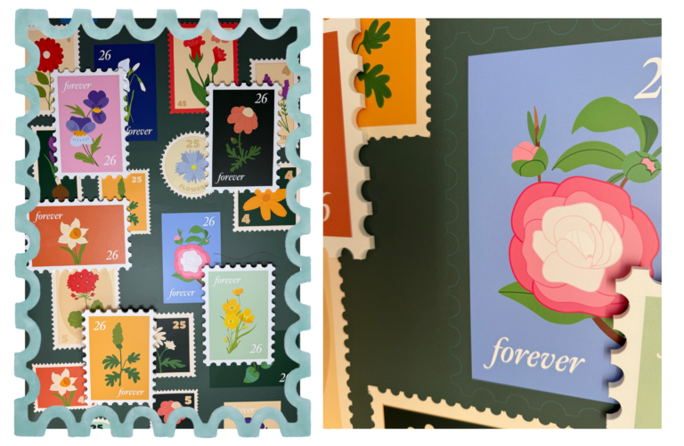 printed dimensional stamps on stamp background